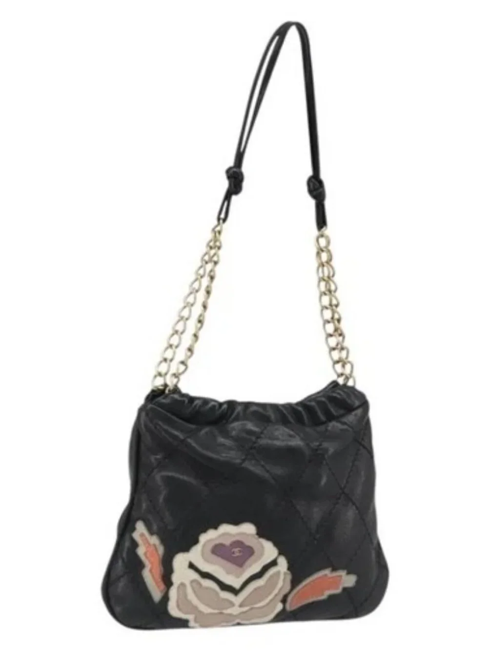 CHANEL Wild Stitch Chain Shoulder Bag Lamb Skin Black Gold CC Auth 185441M